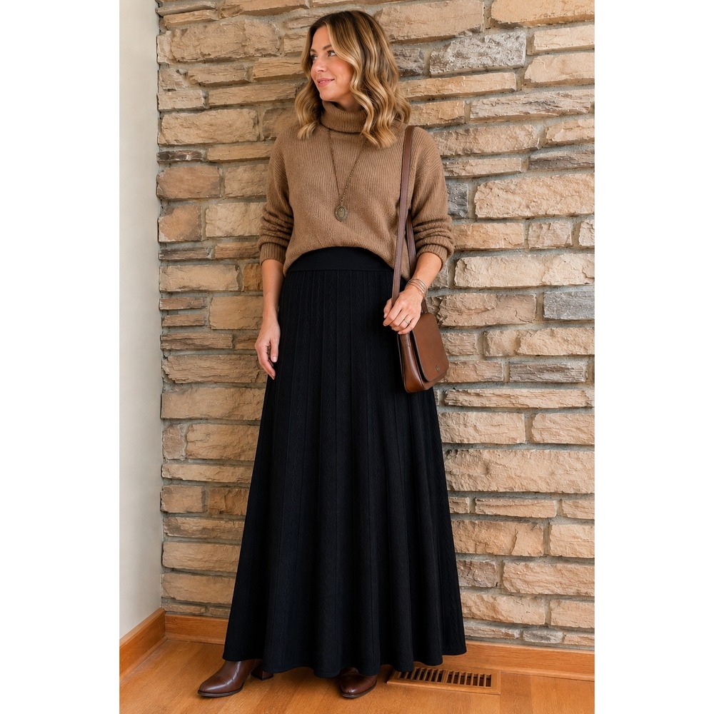 Dialogue Womens Black Merino Wool Blend Knit MIDI/Maxi Skirt Chevron Cable L